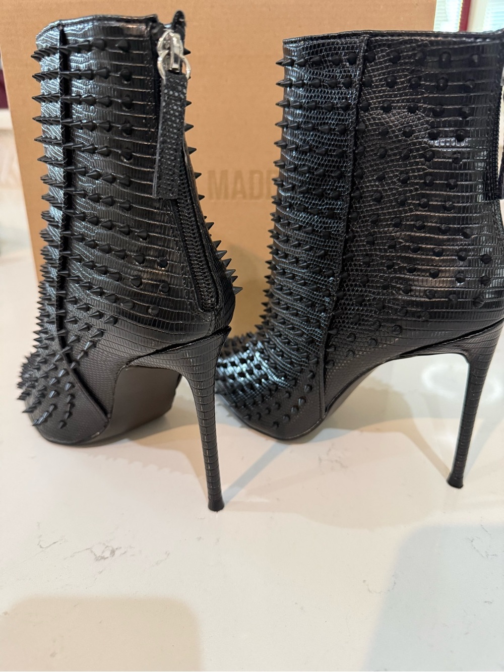 Steve Madden Black Spike-Embellished Pointed Toe Heeled Boots - Picture 5 of 9